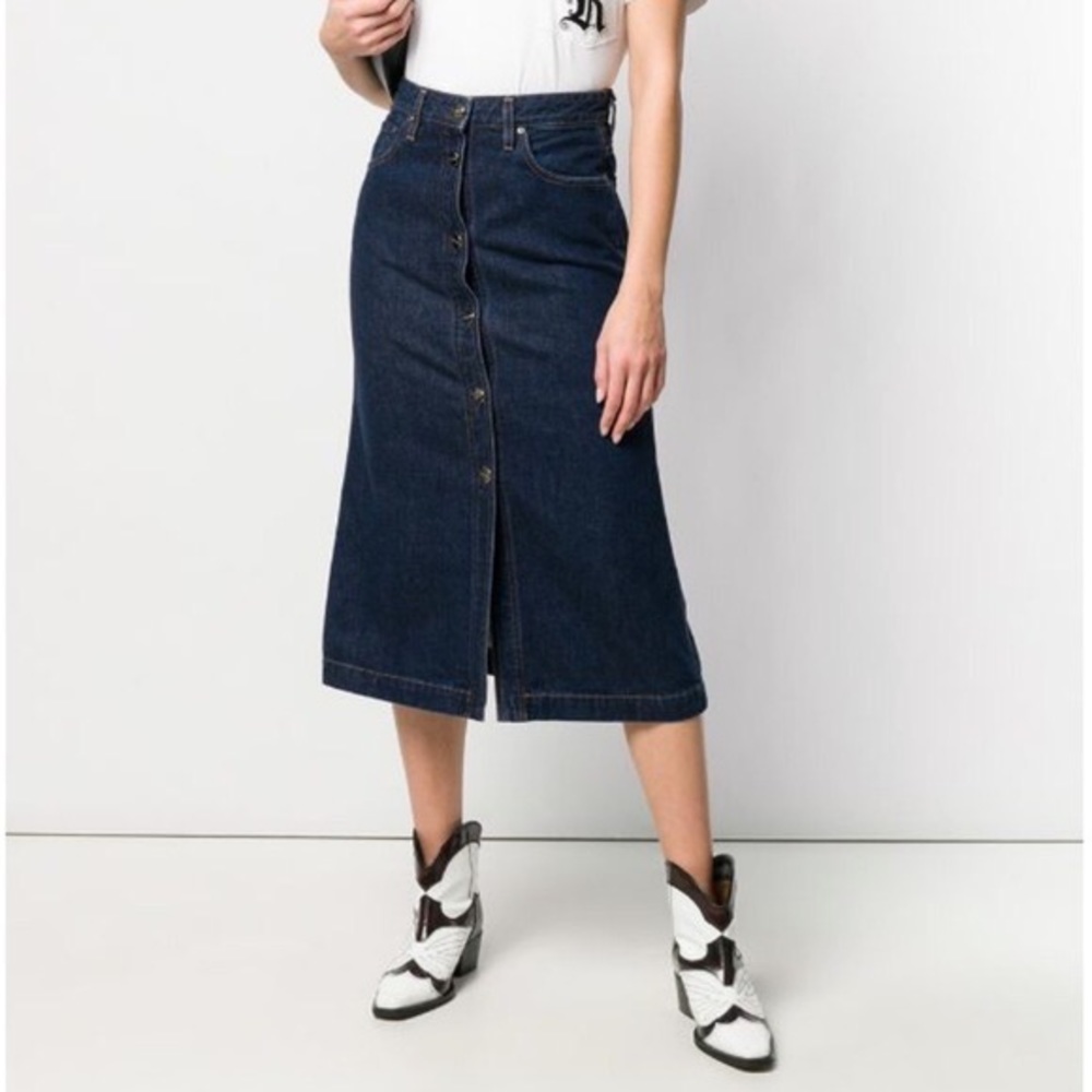 GOLDSIGN Easton Buttoned Front A-Line Denim Midi Skirt